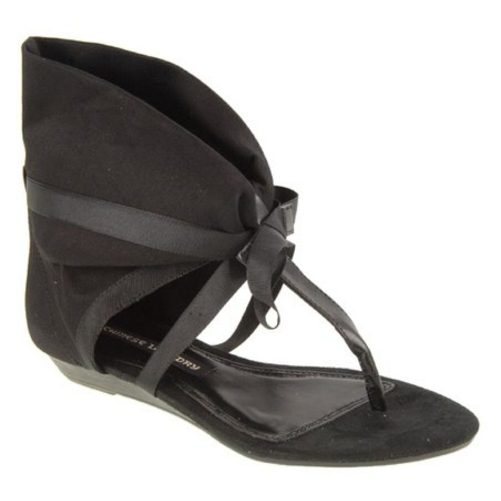 New Chinese Laundry Black Twill Sudoku Sandal Open Toe strap semi-wedge NIB